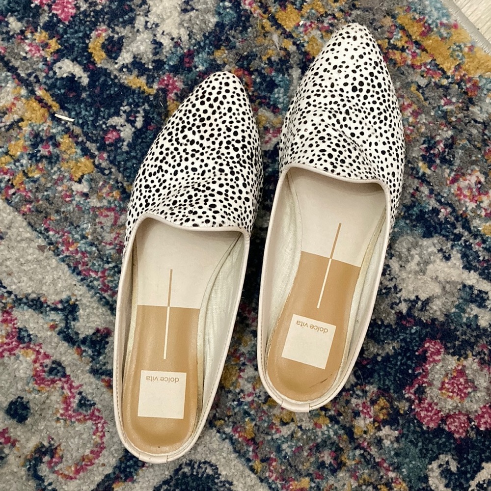 Dolce Vita calf hair Dalmatian spot mules. Size 8